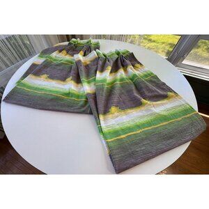 Vintage 70s curtain, green yellow, brown groovy stripes, pleated, per panel